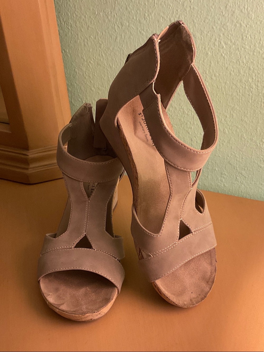 St. John's Bay Mauve-Taupe Suede T-Strap Block Heel Sandals